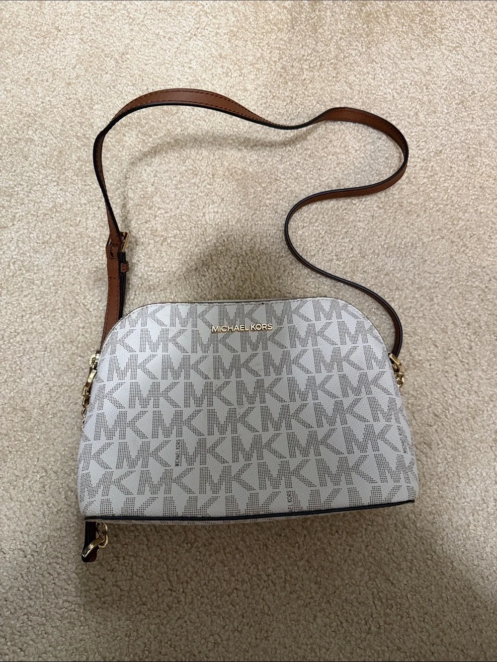 Michael Kors Beige/White Signature Crossbody with Brown Strap